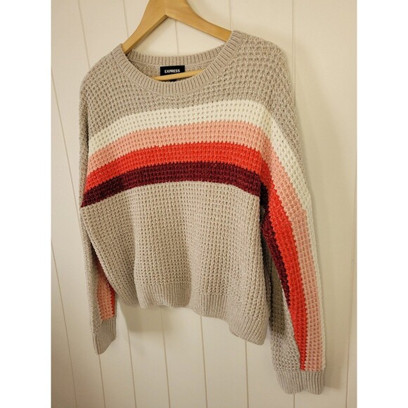 Express Sweater Womens Size Small Y2k Striped Beige Orange Knit - Picture 3 of 8